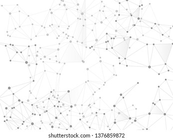 Big data cloud scientific concept. Network nodes greyscale plexus background. Linked dot nodes and lines low poly. Tech vector big data visualization cloud structure. Wireframe minimal design.