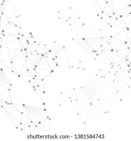Big data cloud scientific concept. Network nodes greyscale plexus background. Artificial intelligence plexus. Tech vector big data visualization cloud structure. Dots nodes points lines particles.