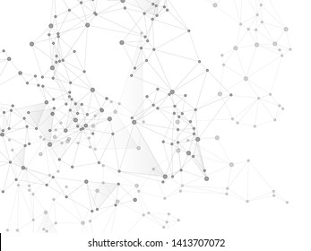 Big data cloud scientific concept. Network nodes greyscale plexus background. Nodes and lines polygonal connections. Tech vector big data visualization cloud structure. Genetic engineering abstract.