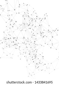 Big data cloud scientific concept. Network nodes greyscale plexus background. Dots nodes points lines particles. Tech vector big data visualization cloud structure. Virtual reality polygin design.