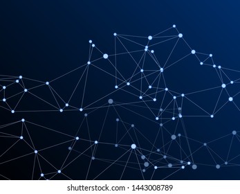 Big data cloud scientific concept. Network nodes plexus dark blue background. Tech vector big data visualization cloud structure. Bionic ai innovations graphics. Interlinkes nodes cells random grid.