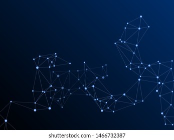 Big data cloud scientific concept. Network nodes plexus dark blue background. Net grid of node points, lines matrix. Tech vector big data visualization cloud structure. Bionic ai innovations graphics.