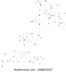 Big data cloud scientific concept. Network nodes greyscale plexus background. Linked dot nodes and lines low poly. Molecule, atoms or neurons. Tech vector big data visualization cloud structure.