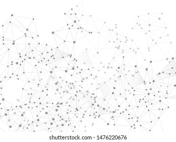 Big data cloud scientific concept. Network nodes greyscale plexus background. Linked dot nodes and lines low poly. Tech vector big data visualization cloud structure. Biotechnology backdrop design.