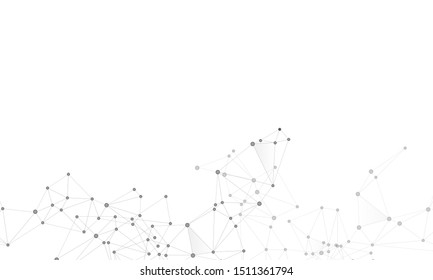 Big data cloud scientific concept. Network nodes greyscale plexus background. Molecule, atoms or neurons. Circle nodes and line elements. Tech vector big data visualization cloud structure.