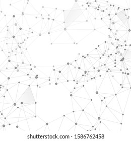 Big data cloud scientific concept. Network nodes greyscale plexus background. Information technology design. Tech vector big data visualization cloud structure. Interlinkes nodes cells random grid.