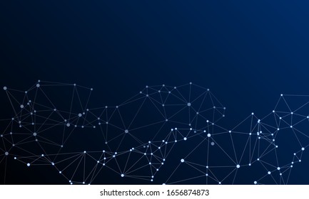 Big data cloud scientific concept. Network nodes plexus dark blue background. Dots nodes points lines particles. Tech vector big data visualization cloud structure. Wireframe minimal design.