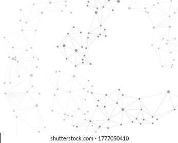 Big data cloud scientific concept. Network nodes greyscale plexus background. Tech vector big data visualization cloud structure. Molecular biology backdrop. Dots nodes points lines particles.