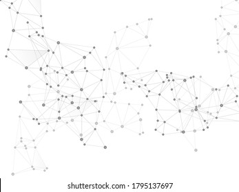 Big data cloud scientific concept. Network nodes greyscale plexus background. Tech vector big data visualization cloud structure. Future perspective backdrop. Linked dot nodes and lines low poly.