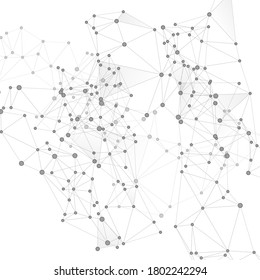 Big data cloud scientific concept. Network nodes greyscale plexus background. Future perspective backdrop. Dots nodes points lines particles. Tech vector big data visualization cloud structure.