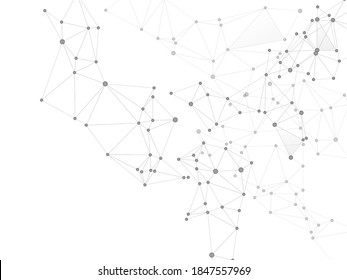 Big data cloud scientific concept. Network nodes greyscale plexus background. Tech vector big data visualization cloud structure. Molecular biology backdrop. Fractal hub nodes connected by lines.