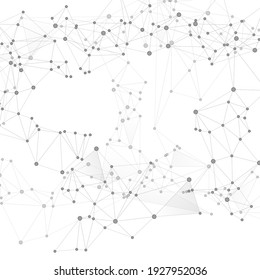 Big data cloud scientific concept. Network nodes greyscale plexus background. Fractal hub nodes connected by lines. Information technology design. Tech vector big data visualization cloud structure.