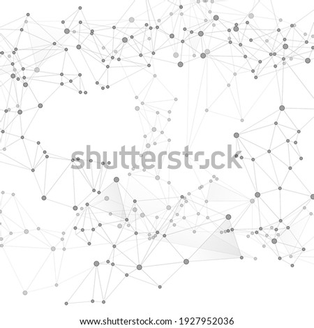 Big data cloud scientific concept. Network nodes greyscale plexus background. Fractal hub nodes connected by lines. Information technology design. Tech vector big data visualization cloud structure.