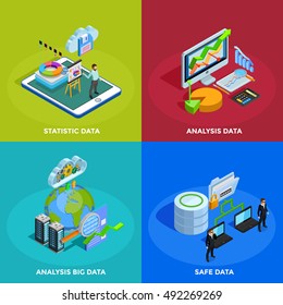 Big Data Collecting Safe Storage And Analytic Analysis For Business Efficiency 4 Isometric Icons Square Isolated Vector Illustration 