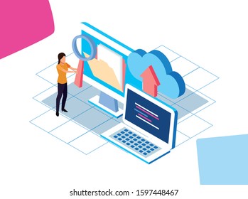 Big Data Colorful Design With Computers And Woman With Cloud Storages Over White Background, Vector Illustration