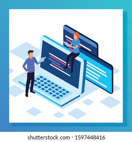 big data colorful design with laptop computer with woman and man over white background, vector illustration