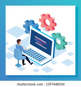 big data colorful design with laptop computer and gear wheels and man sitting over white background, vector illustration