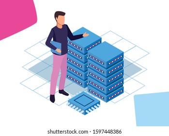 big data colorful design with man with data center servers over white background, vector illustration
