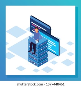 big data colorful design with man sitting on data servers over white background, vector illustration