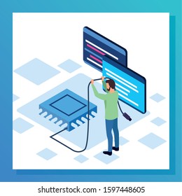 big data colorful design with man with computer chip and computer over white background, vector illustration