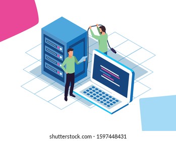 Big Data Colorful Design With Men With Laptop Computer And Data Center Server Over White Background, Vector Illustration