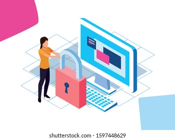 big data colorful design with padlock, computer and woman over white background, vector illustration