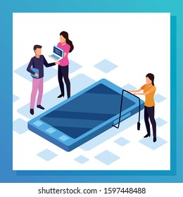 big data colorful design with people standing and big smartphone over white background, vector illustration