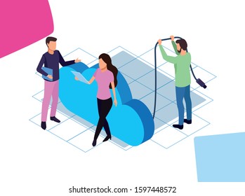 big data colorful design with woman and men with cloud storage over white background, vector illustration