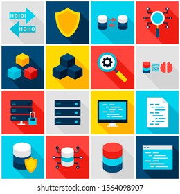 Big Data Colorful Icons. Vector Illustration. Set of Flat Rectangle Computer Items with Long Shadow.