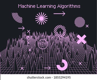 Big data and complex information visualization concept. Glitched and distorted polygonal 3d surface, graph or map of mathematical function.
