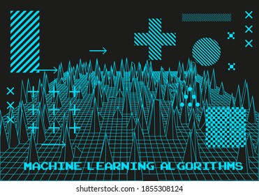 Big data and complex information visualization concept. Glitched and distorted polygonal 3d surface, graph or map of mathematical function.