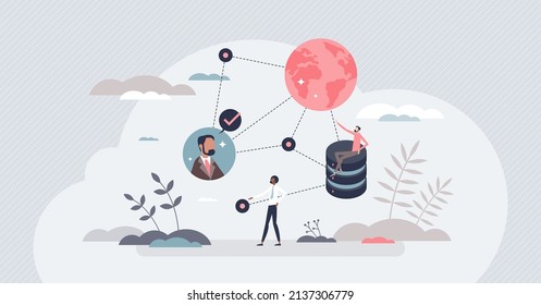 Big data complexity or large information systems database tiny person concept. Global network with file warehouse and logical large info management or structure vector illustration. Server hosting.