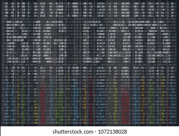 Big Data. Computer screen with lot of numbers. Dropping color figures of one and zero