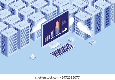 Big data - Computadora con estadísticas en pantalla conectada a la red en la nube y al parque de servidores de datos analizando y calculando información de la base de datos. Ilustración vectorial isométrica con fondo azul