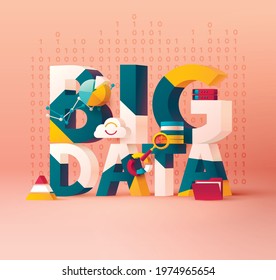 Big data concept. 3D Typographic poster. Communication technology and large database research. Creative vector illustration.