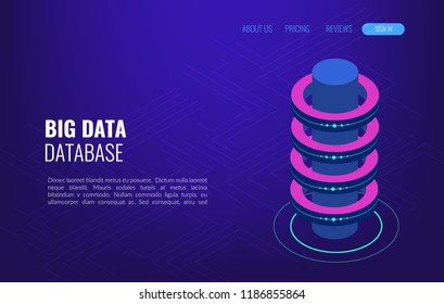 Big data concept access storage distribution information management. Isometric vector, web hosting and server room