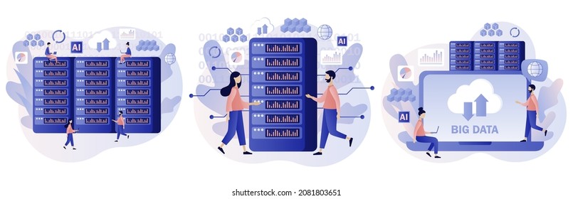 Big data concept. Data analysis. Tiny people data engineers. Data science and jobs. Developer career. Modern flat cartoon style. Vector illustration on white background