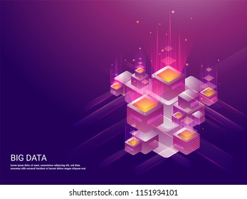 Big Data concept based isometric illustration of glowing servers and abstract elements on shiny purple background.