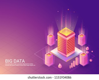 Big Data concept based landing page design with isometric illustration of four local server connected to main server.