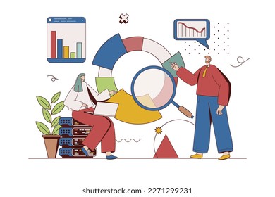 Big Data Konzept mit Charaktersituation in flachem Design. Mann und Frau analysieren Statistikdiagramm und recherchieren Datumgraphien und erstellen Finanzberichte. Vektorgrafik mit Menschen-Szene für Web