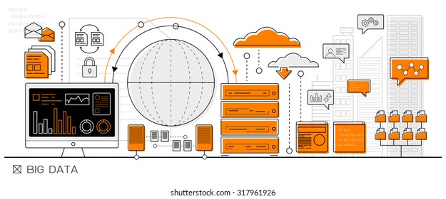 big data concept, cloud computing info graphic business line icon - flat design vector