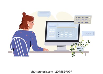 Big data concept. Girl sits in front of monitor in office. Research, data analysis, digital archive search, marketing, company. Analytical department of company. Cartoon flat vector illustration