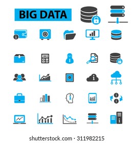 Big data concept icons: database, analysis, storage, hosting, safety, trust, cloud computing, program coding, information development, network, system administration. Vector illustration