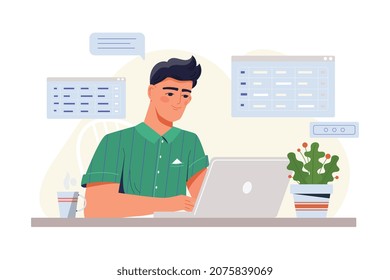 Big data concept. Man sits in office and works at laptop. Character looking for information, digital world, modern technologies. Analytical department of company. Cartoon flat vector illustration