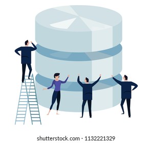 Big data. concept of managing large database by business technology team. small people around big storage. vector