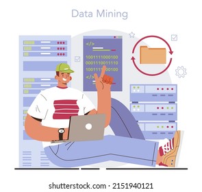 Big data concept. Mining and analyzing of digital information for business and technology development. Modern forecasting and optimization tool. Flat vector illustration