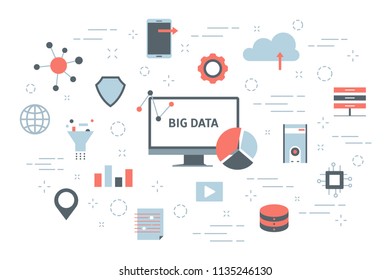 Big data concept. Modern computer technology. Analyzing digital information from the internet and making better business decisions. Set of big data icons. Isolated flat vector illustration