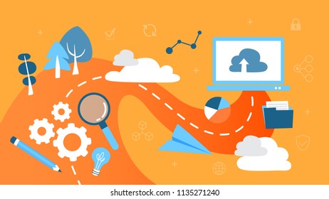 Big data concept. Modern computer technology. Analyzing digital information from the internet and making better business decisions. Set of colourful icons. Isolated flat vector illustration
