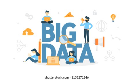 Big data concept. Modern computer technology. Analyzing digital information from the internet and making better business decisions. Isolated flat vector illustration
