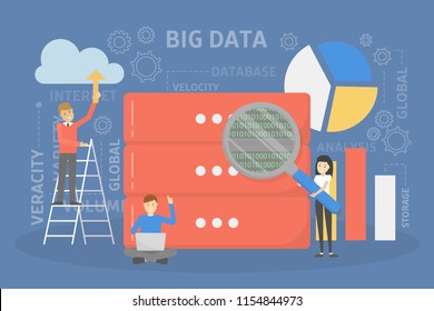 Big data concept. Modern computer technology. Analyzing digital information from the internet and making better business decisions. Isolated flat vector illustration